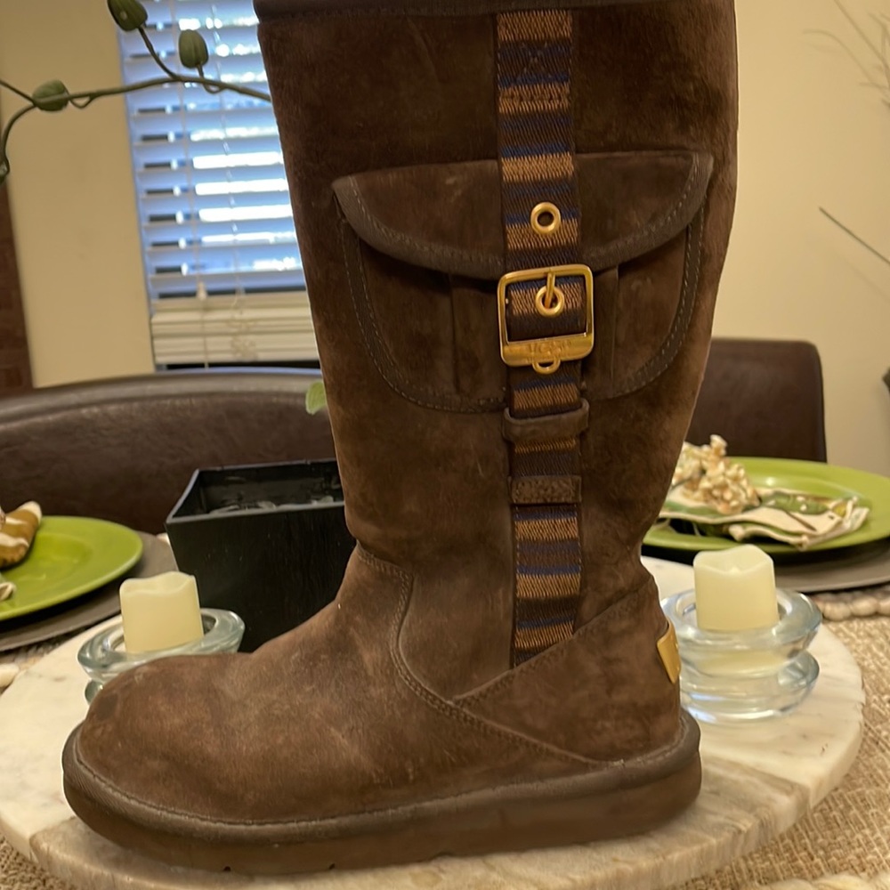 Brown Ugg Boots with Mocha and Navy Stripe. Pockets on boots. Size 6.